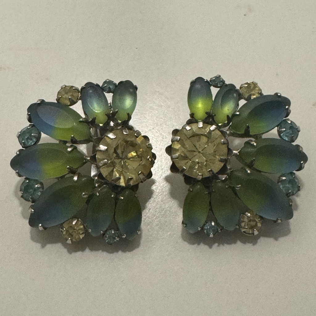 Vintage Signed Hobe Frosted Green Marquis & Aurora Borealis Crystal Earrings